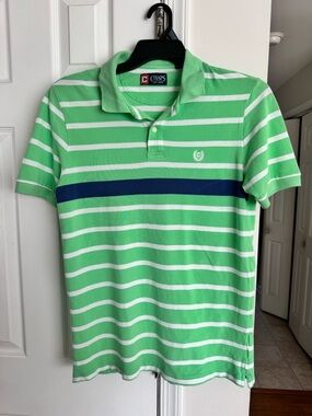 Chaps Mens Polo Shirt Medium Green White Striped Short Sleeve Cotton Pique